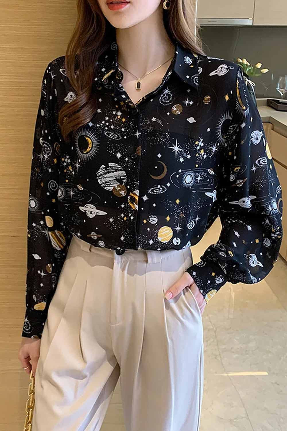 Long Sleeve Planets Printed Office Blouse Shirt