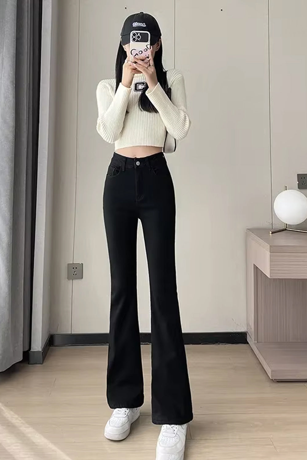 High Waist Warm Fleece Side Slim Flare Jeans Pants