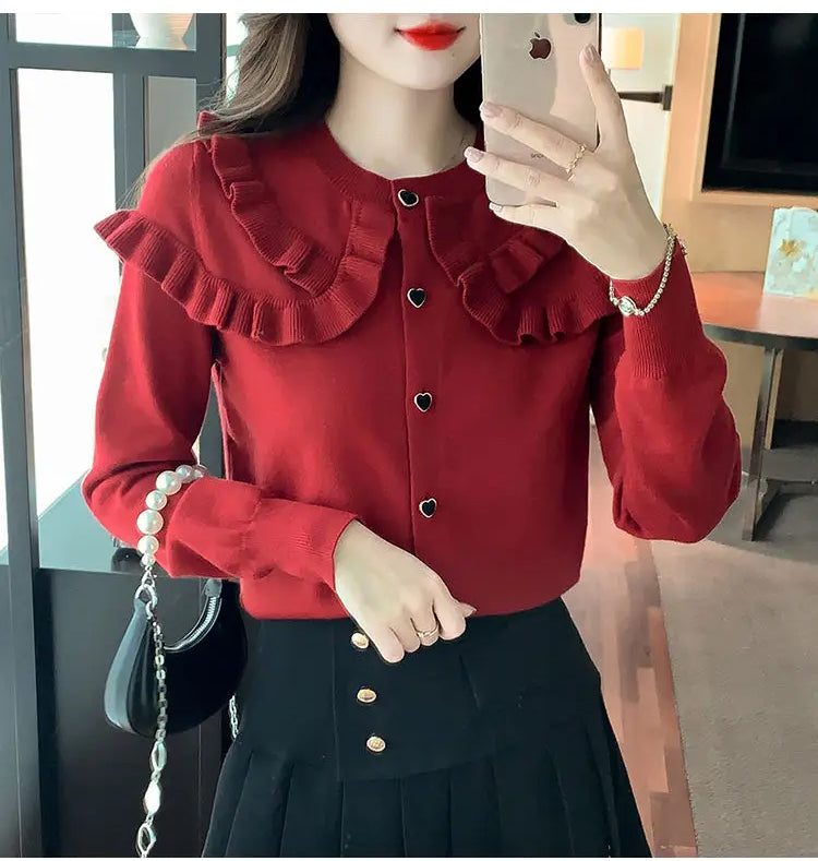 Cute Ruffled Peter Pan Collar Slim Sweater