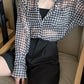 Long Sleeve Houndstooth Pattern Semi Transparent Shirts