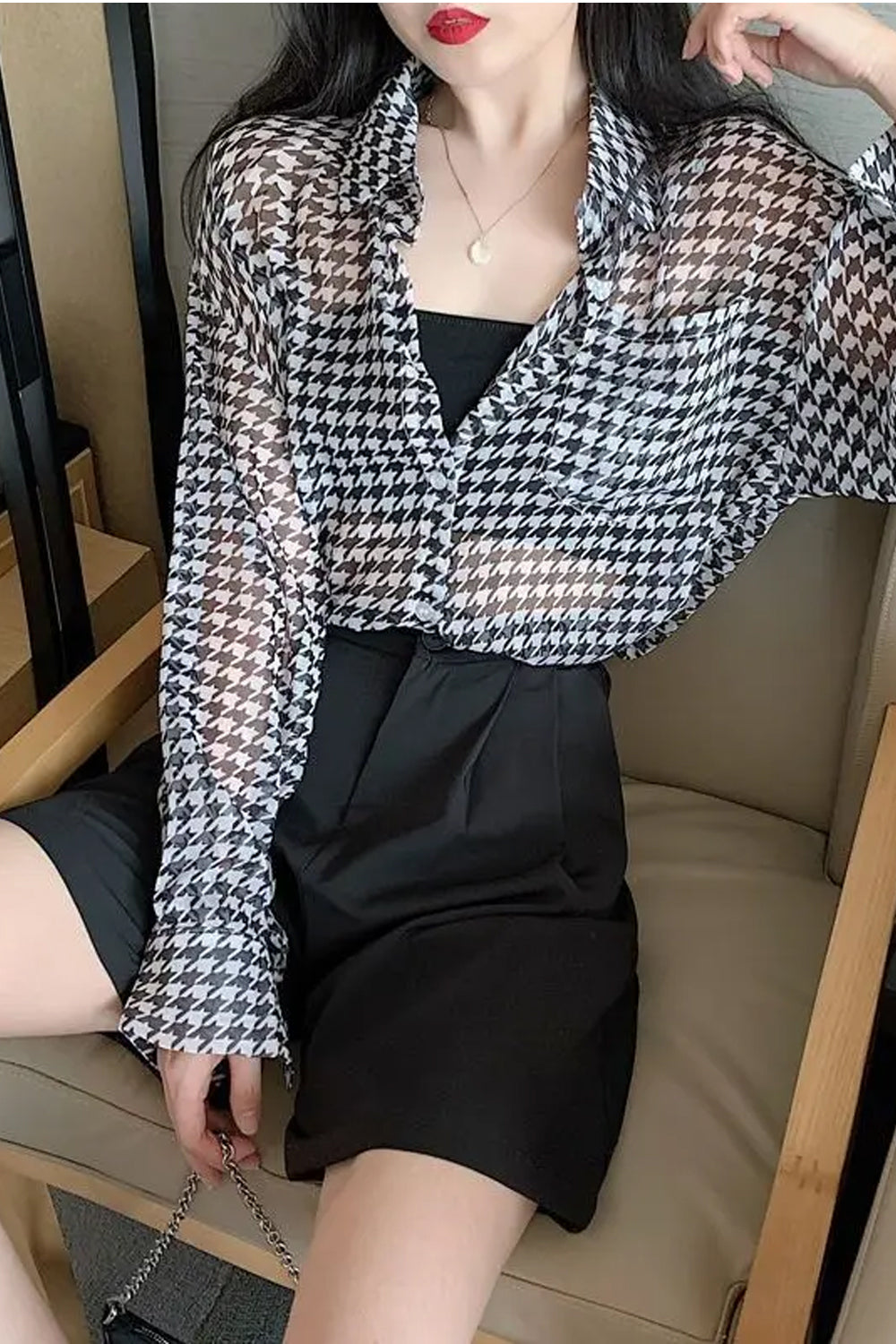 Long Sleeve Houndstooth Pattern Semi Transparent Shirts