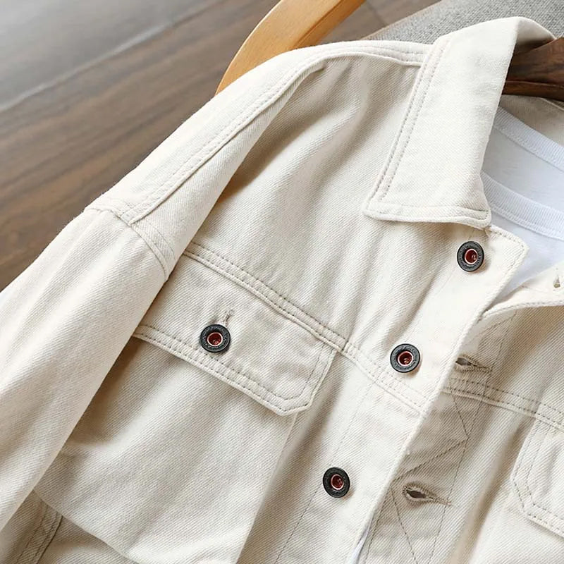 Loose Casual Beige Denim Jeans Jacket