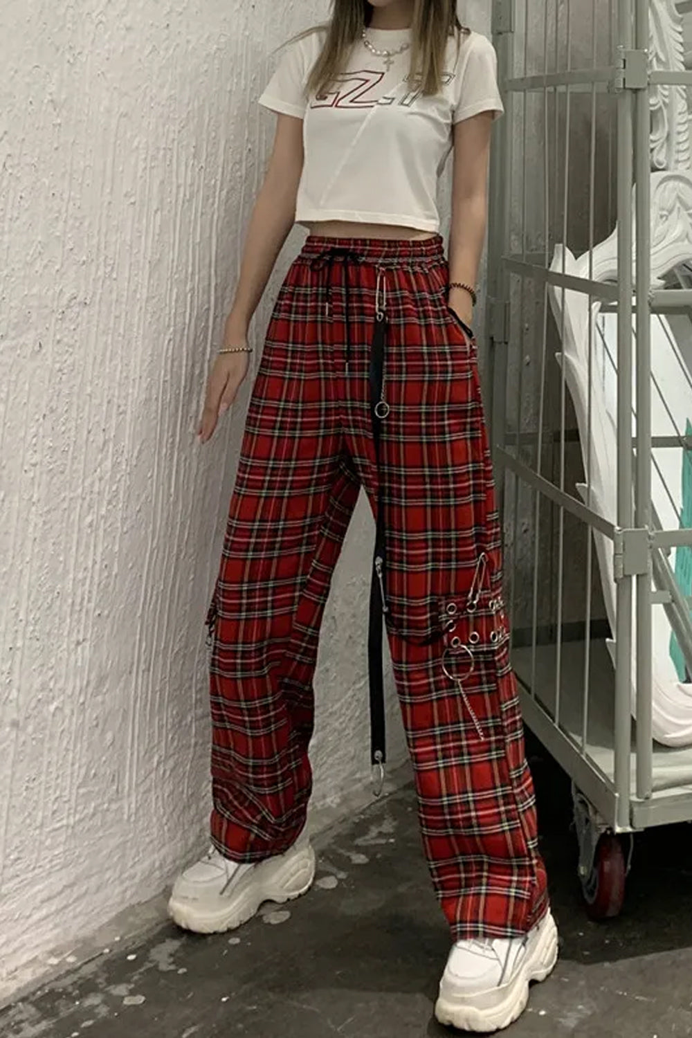 High Waist Red Plaid Hip Hop Pants