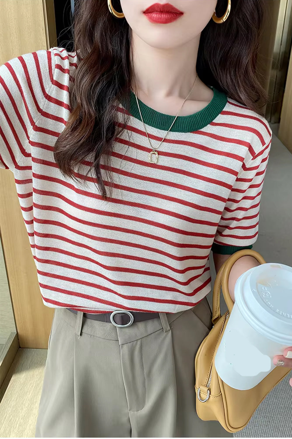 Short Sleeve O-Neck Knitted Stripe Shirt