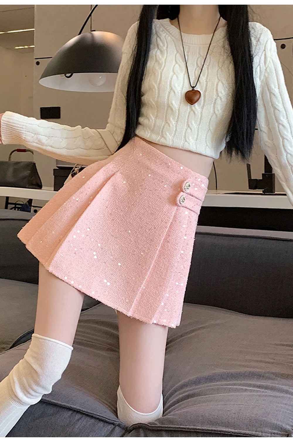 High Waist Sequined Pleated Mini Skirts