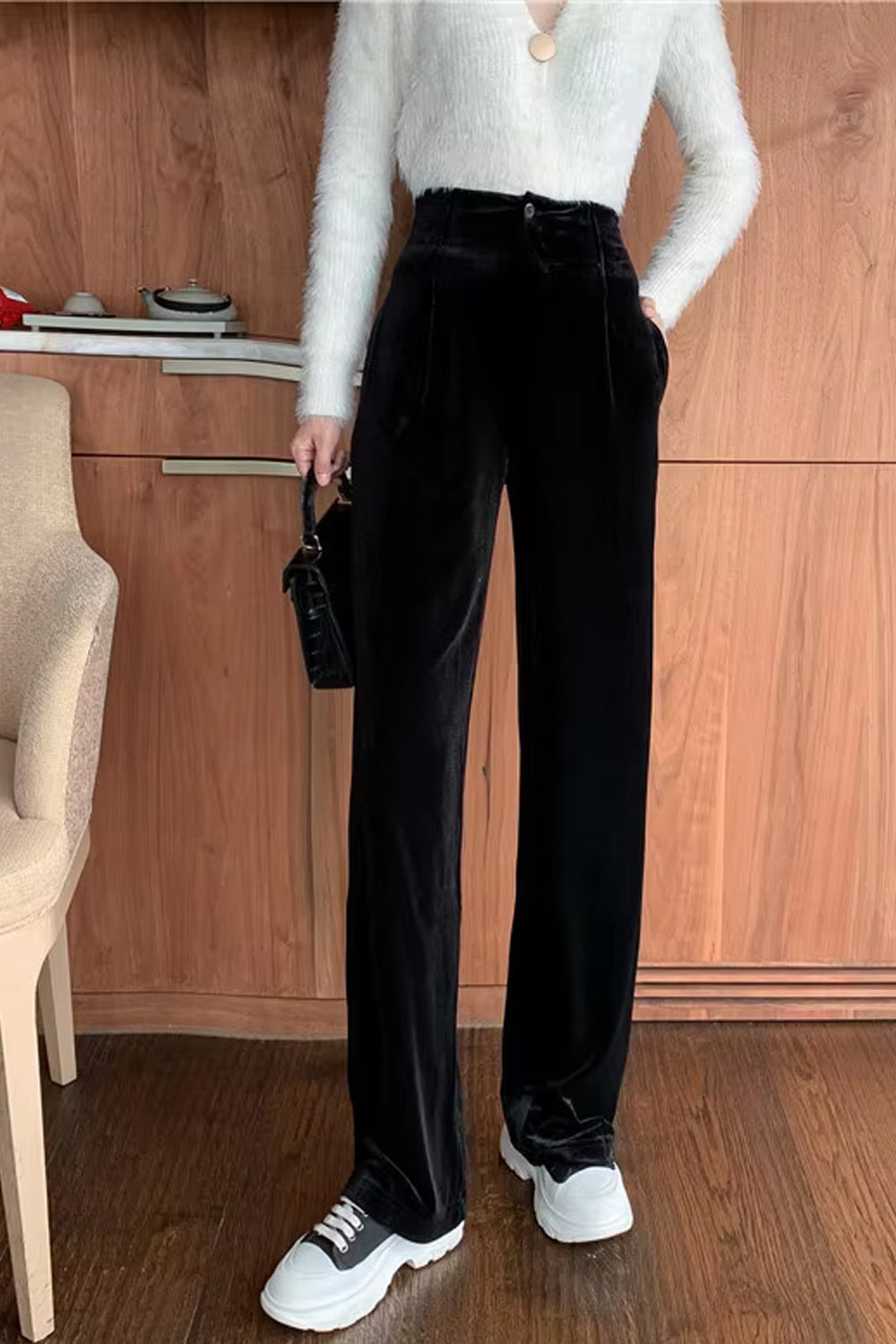 High Waist Long Office Velvet Pants