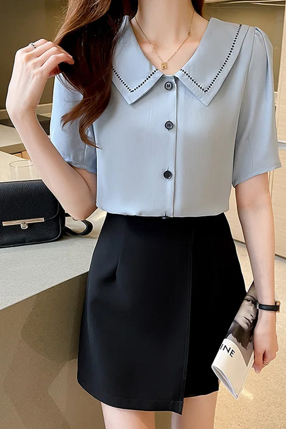 Short Sleeve Turn Down Collar Office Blouse Shirts