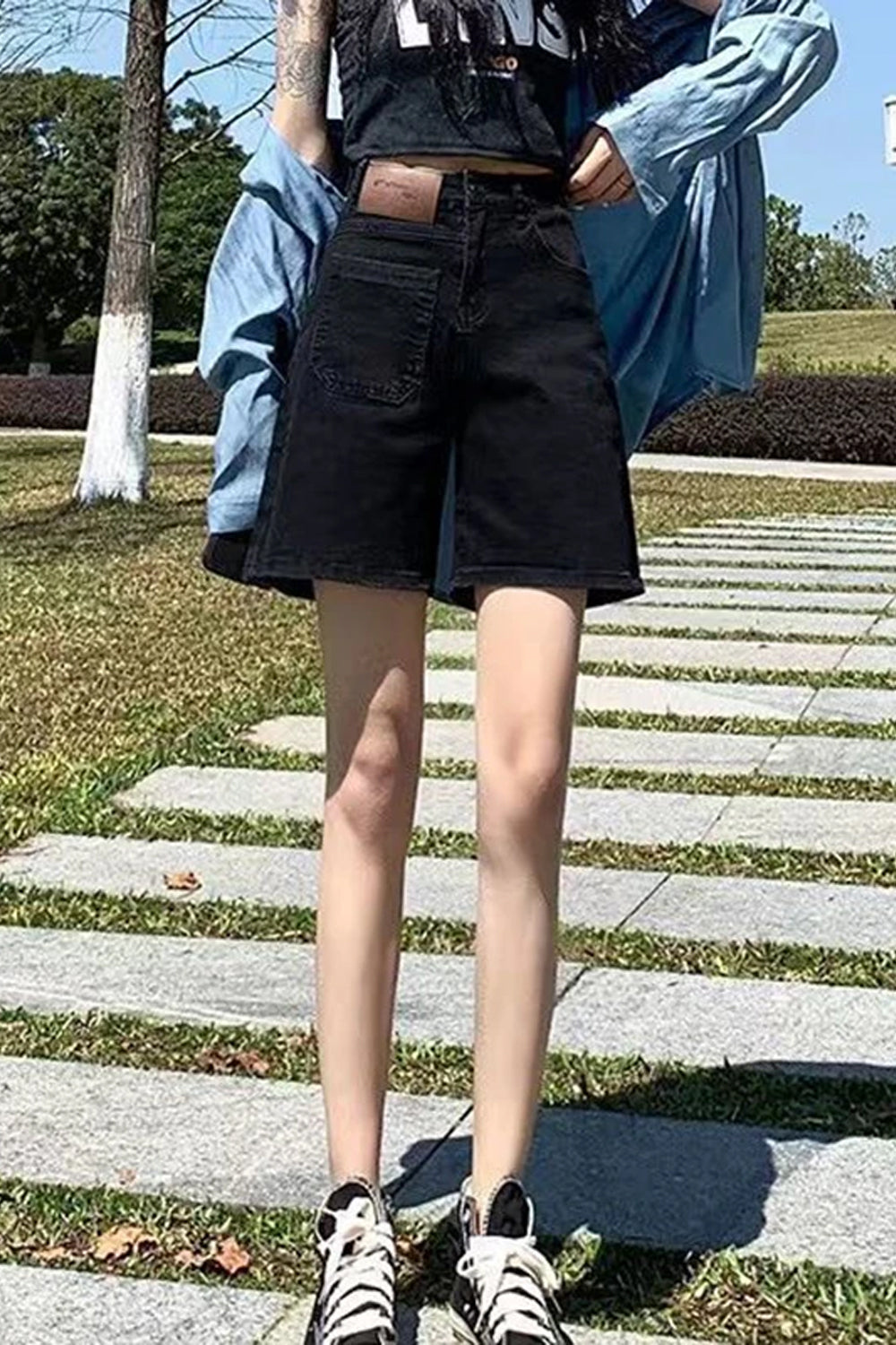 High Waist Reversed Black Denim Shorts