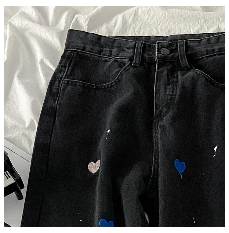 Colorful Heart Embroidered Black Jeans Pants