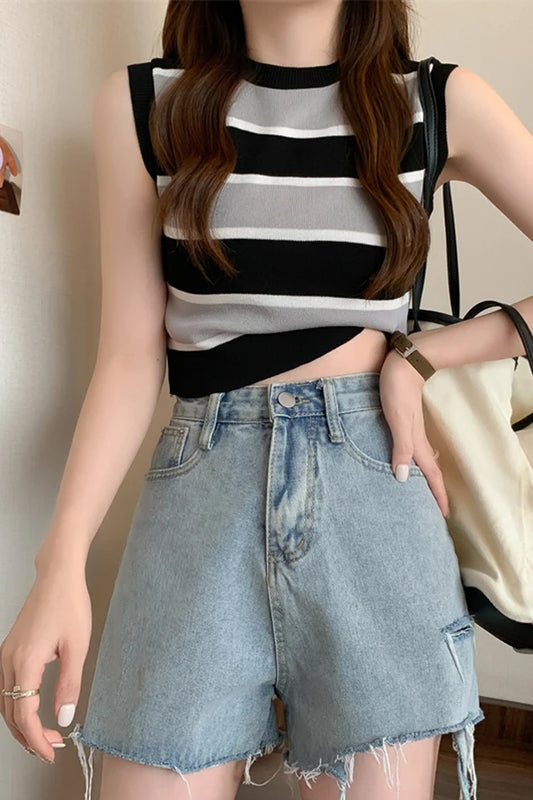 Sleeveless Colorful Striped Knitted Crop Tops