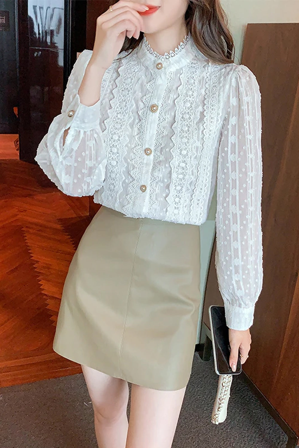 Long Sleeve High Collar Lace Blouse Shirt