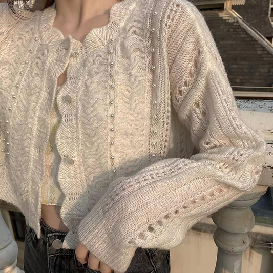 Long Sleeve Pearls Hollow Out Knitted Cardigan Sweater