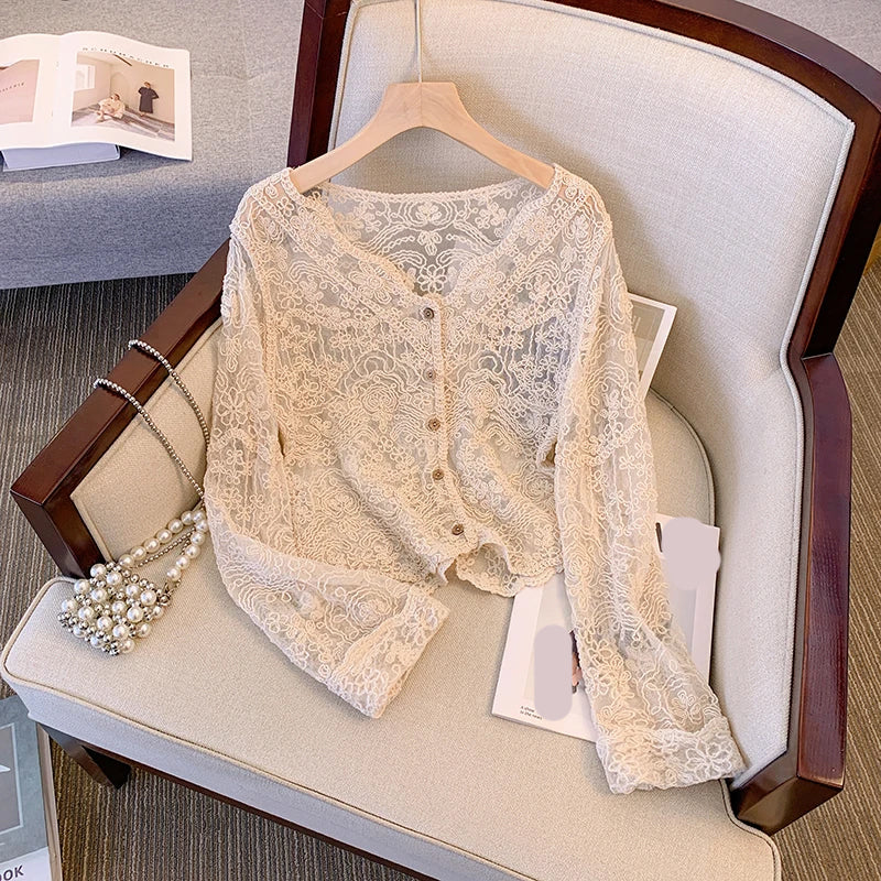 Long Sleeve Knitted Semi Transparent Embroidery Crochet Shirt