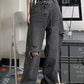 High Waist Ripped Dark Grey Long Jeans Pants