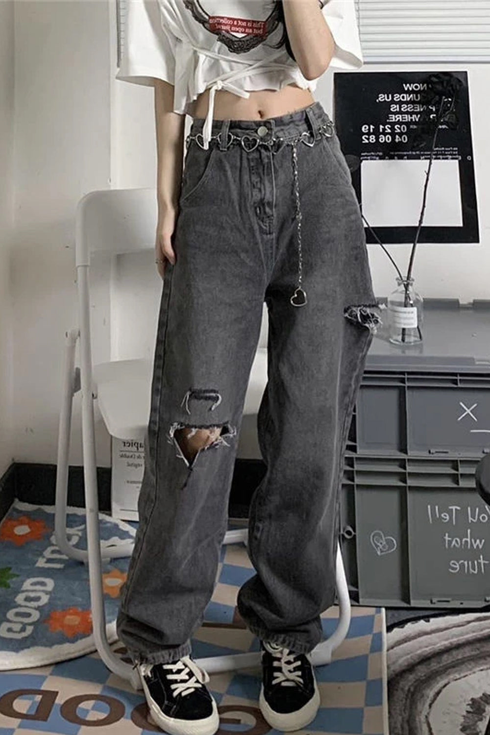 High Waist Ripped Dark Grey Long Jeans Pants