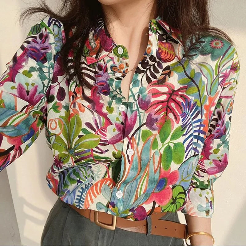 Long Sleeve Colorful Flowers Pattern Blouse Shirts