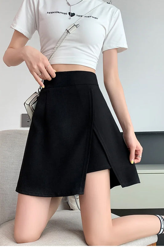 High Waist Side Slit Solid Mini Skirts