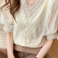 Short Sleeve V-Neck Lace Apricot Blouse Shirt