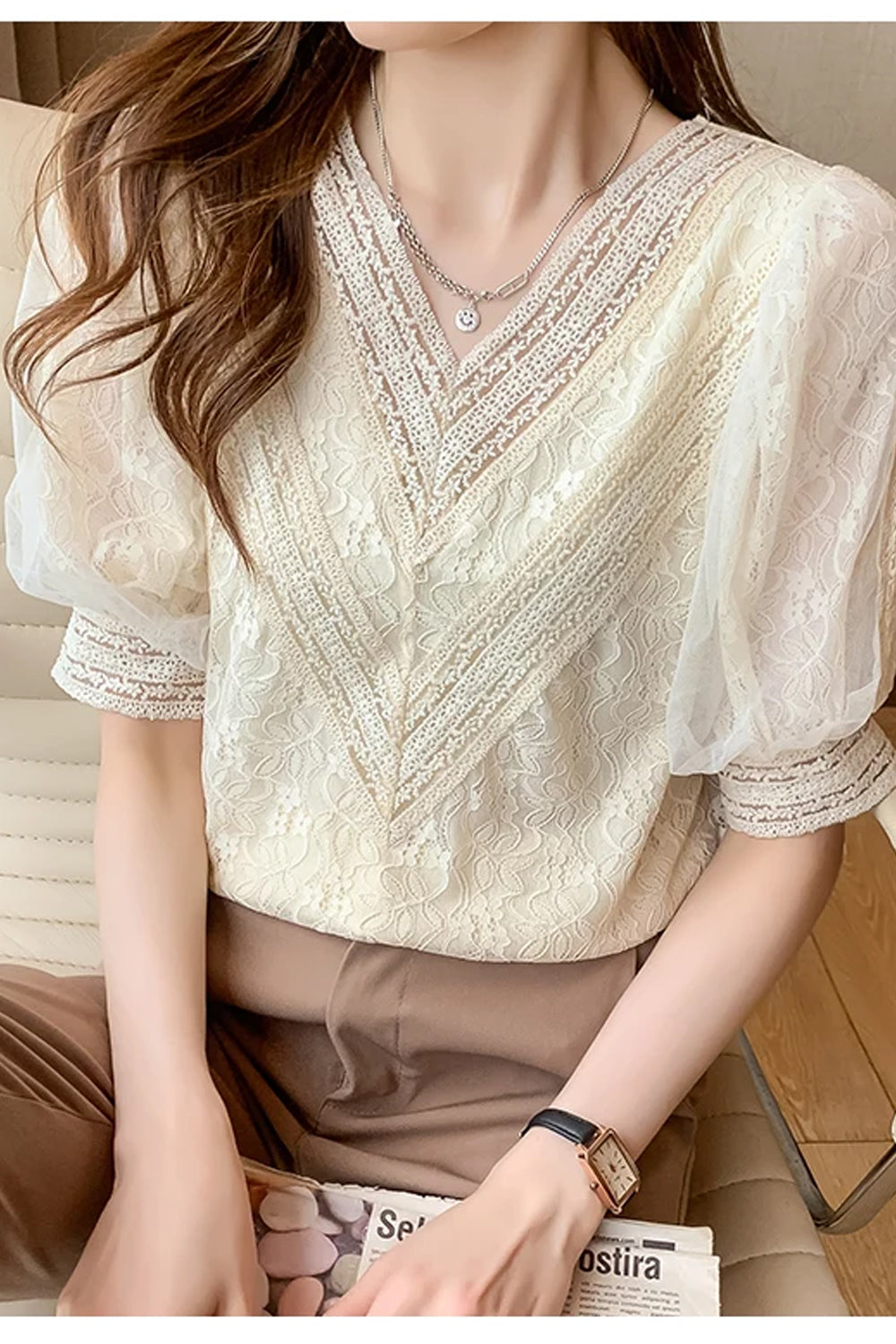 Short Sleeve V-Neck Lace Apricot Blouse Shirt