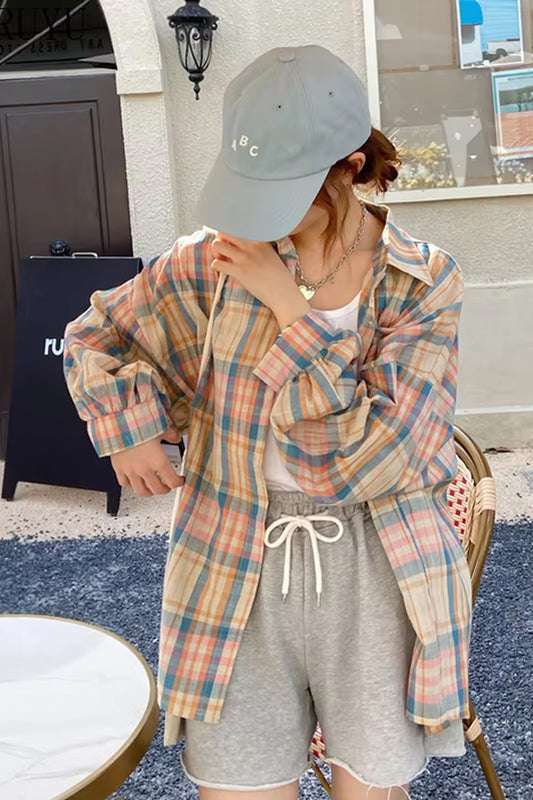 Long Sleeve Light Plaid Colors Blouse Shirt