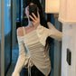 Long Sleeve Off Shoulder Lace Drawstring Shirt