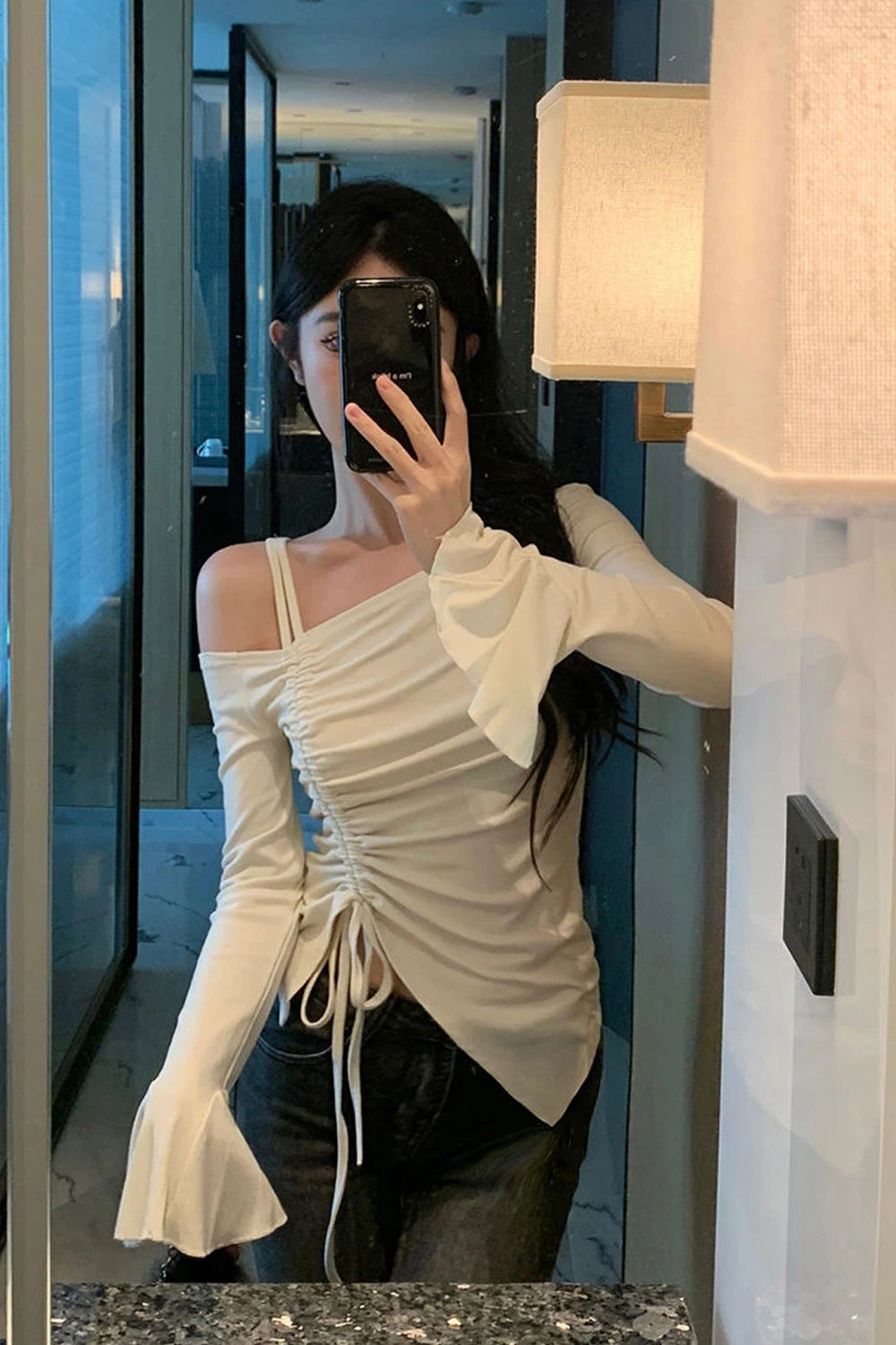 Long Sleeve Off Shoulder Lace Drawstring Shirt