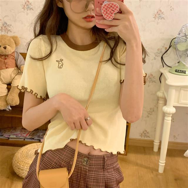 Cute Rabbit Embroidery Slim Shirt