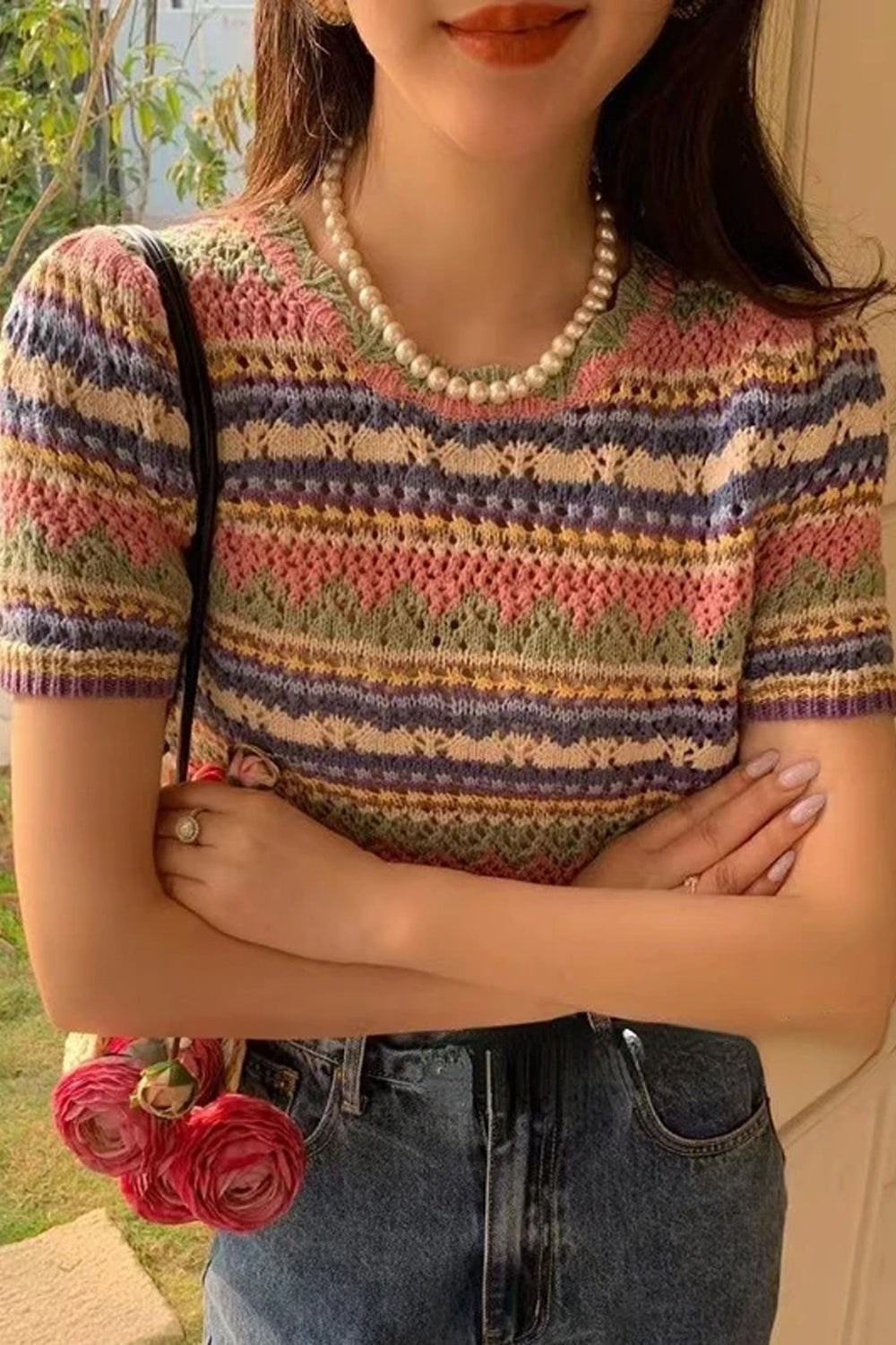 Striped Knitted Hollow Out Crop Shirts