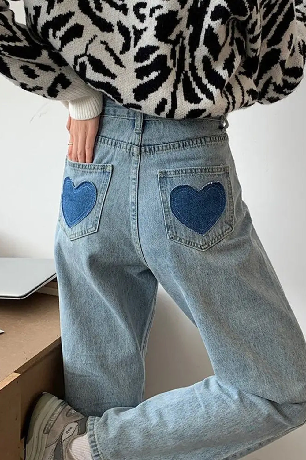 Cute Heart Pocket Embroidered Long Jeans Pants