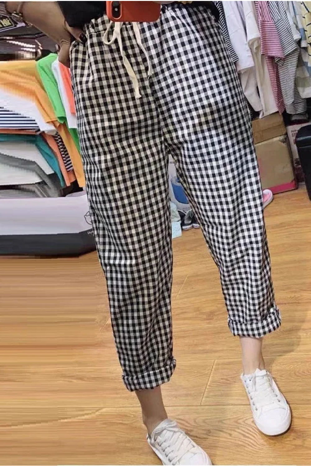 High Waist Casual Cotton Linen Plaid Pants