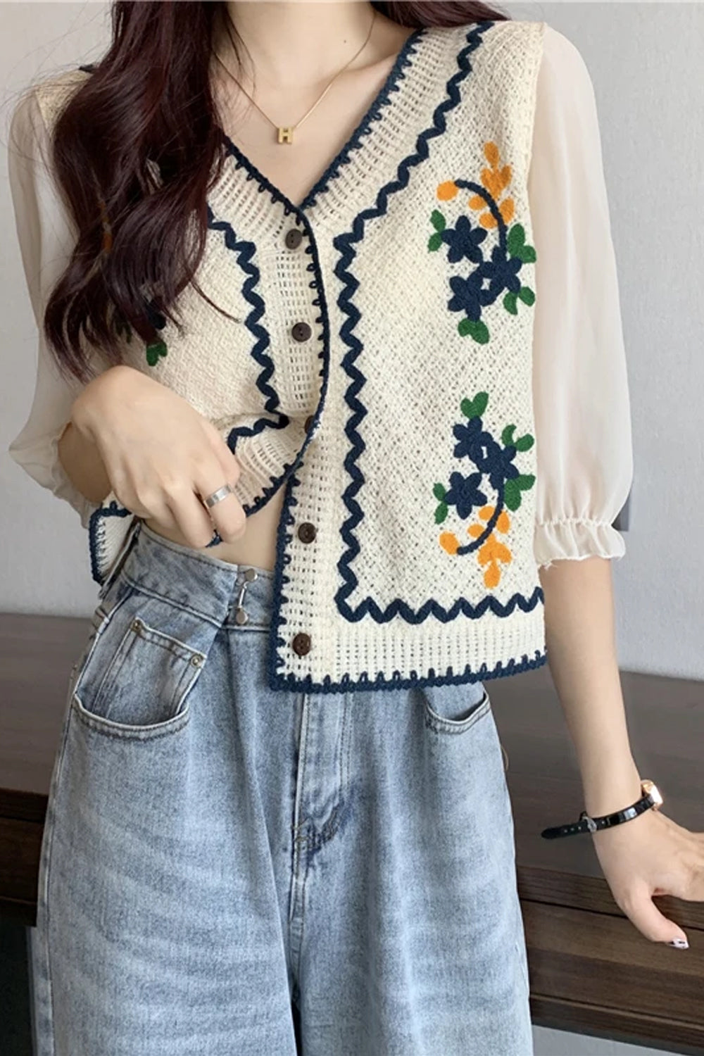 Flowers Embroidered Crochet Blouse Shirt