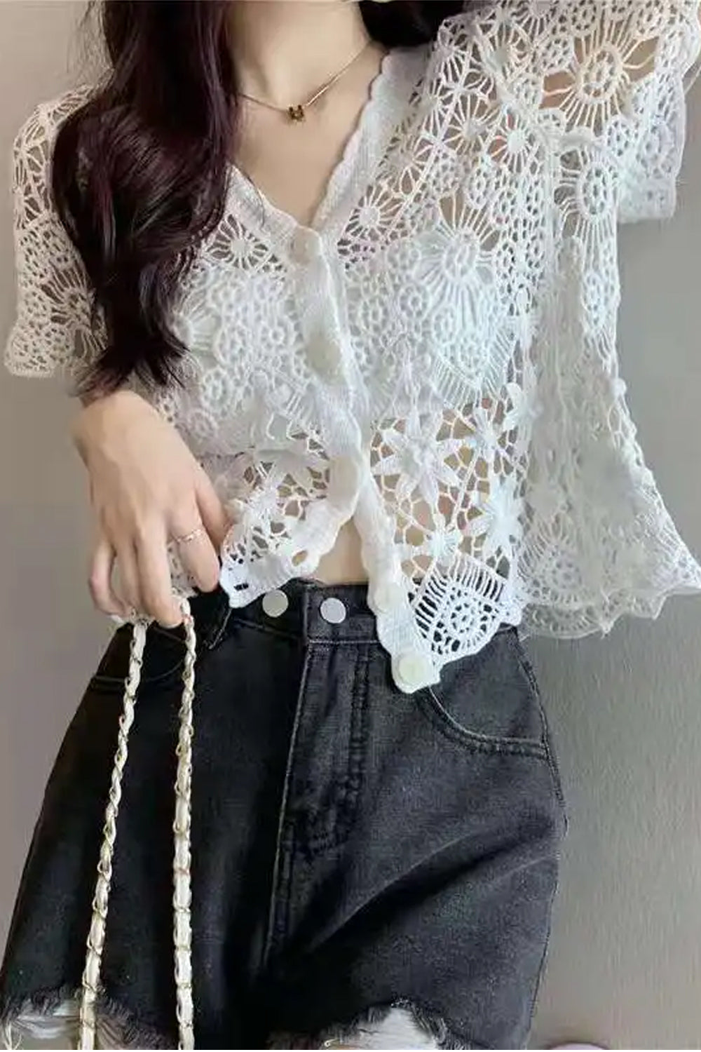 Sexy V-Neck Knitted Embroidered Lace Shirt