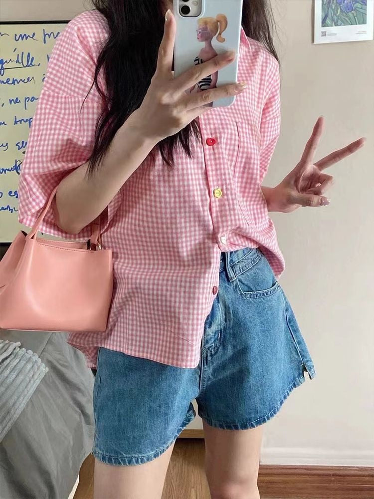 Short Sleeve Pink Plaid Cute Blouse Shirts