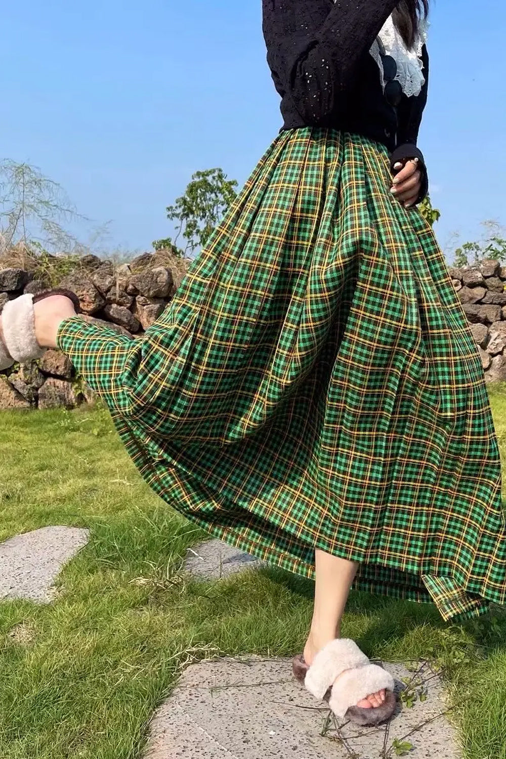 Vintage Green Plaid Office Long Skirt