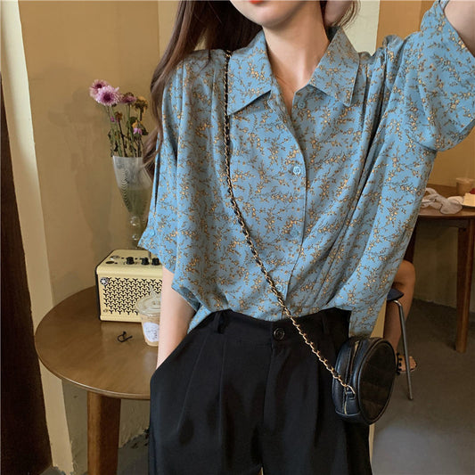 Short Sleeve Turn Down Collar Flowers Pattern Blouse Shirts