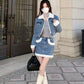 Two Piece Crop Denim Jacket With Mini Denim Skirt Outfit Set