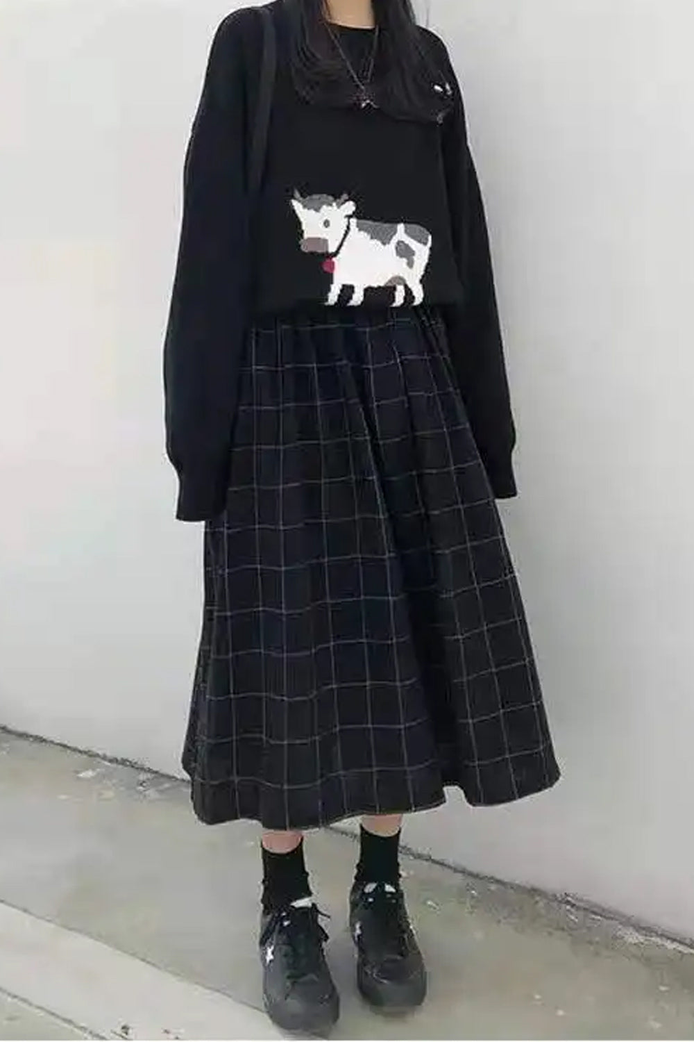 High Waist Loose A-Line Midi Plaid Skirts