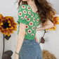 Square Collar Flowers Embroidered Knitted Ruffle Shirt