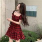 Puff Sleeve Cute Red Plaid Dress