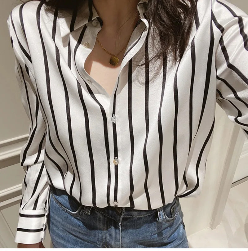 Long Sleeve Retro Black White Striped Blouse Shirts