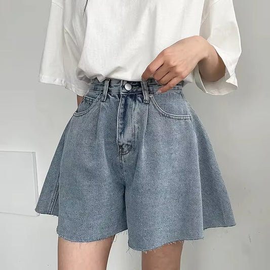 Mid Waist A-Line Washed Denim Shorts Jeans