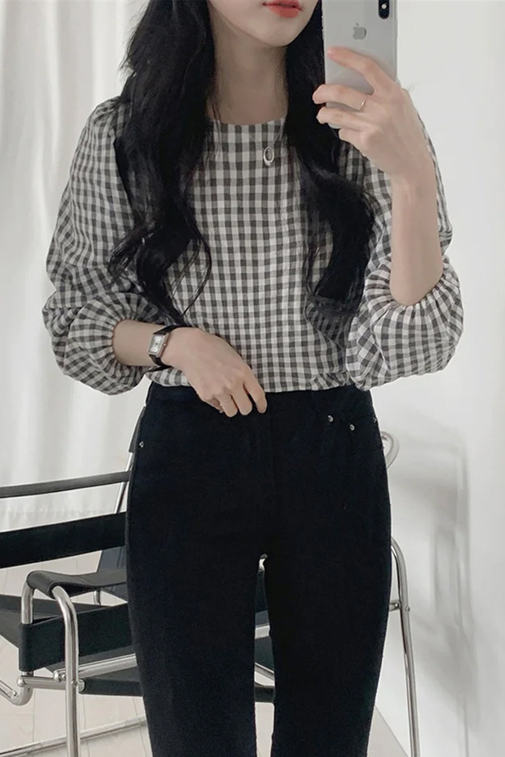 Retro Three Quarter Sleeve Plaid Blouse Shirts