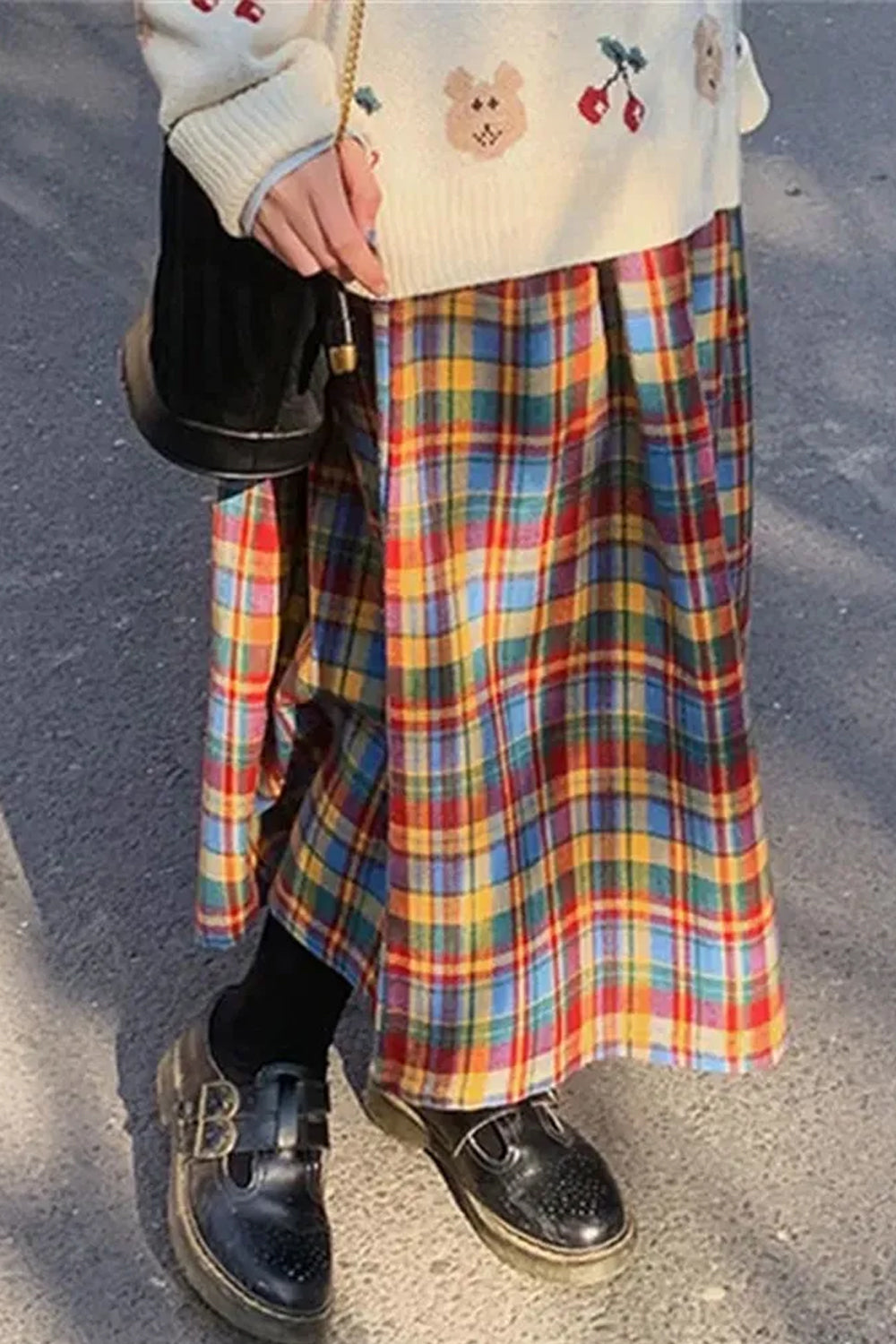 High Waist A-Line Wool Plaid Midi Skirt