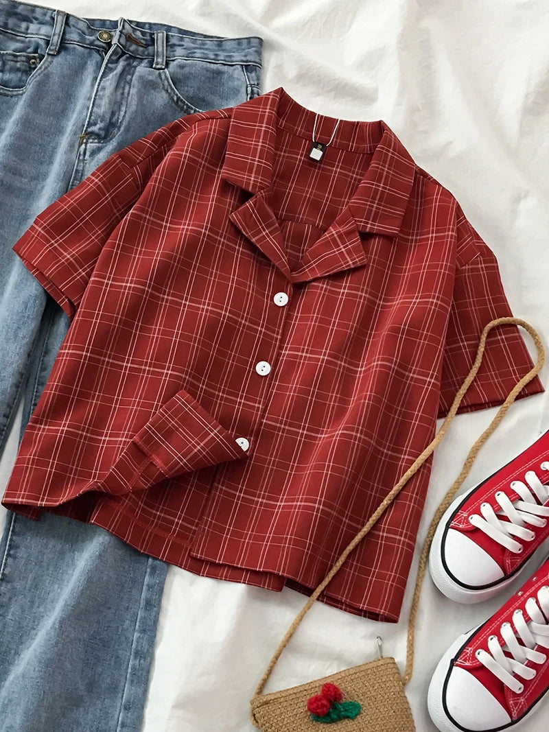 Short Sleeve Retro Summer Plaid Shirt