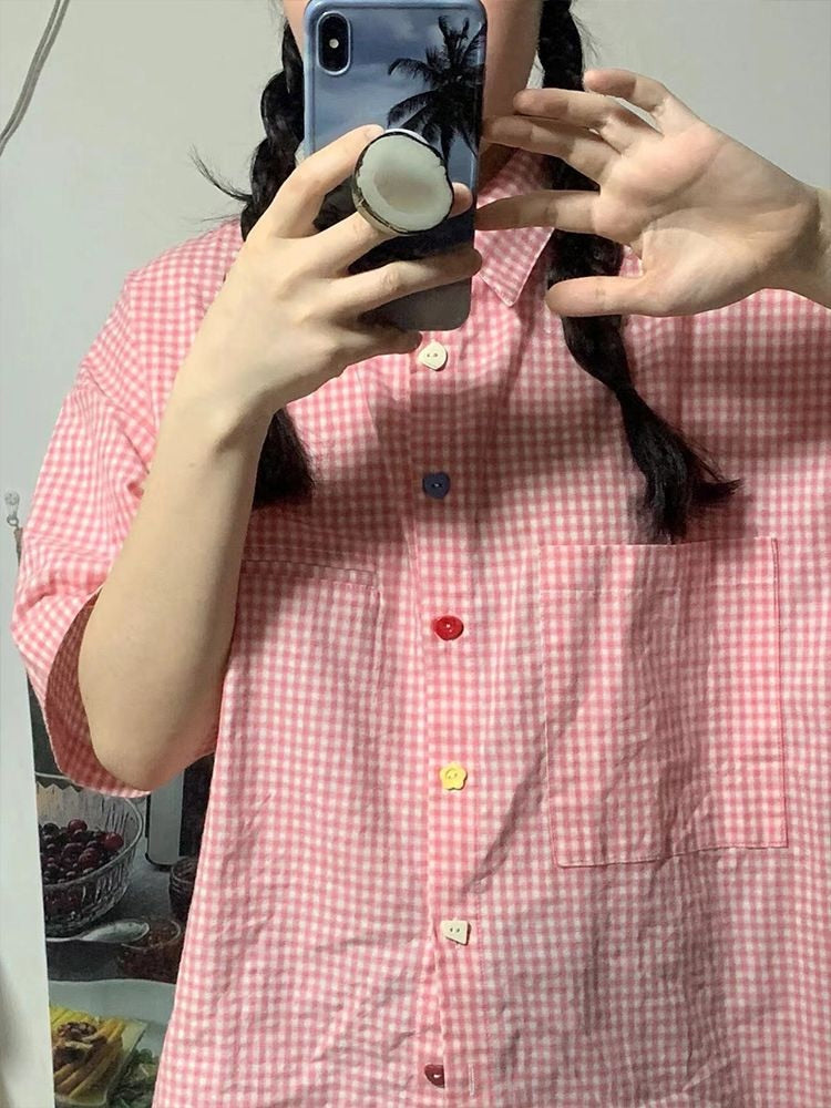 Short Sleeve Pink Plaid Cute Blouse Shirts