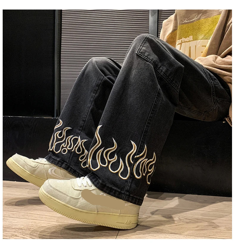 Flame Embroidered Hip Hop Men Jeans Pants