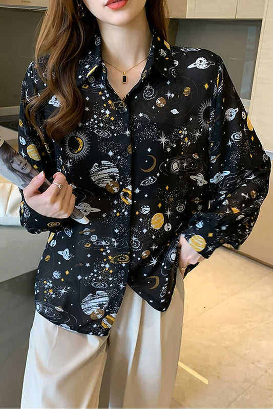 Long Sleeve Planets Printed Office Blouse Shirt