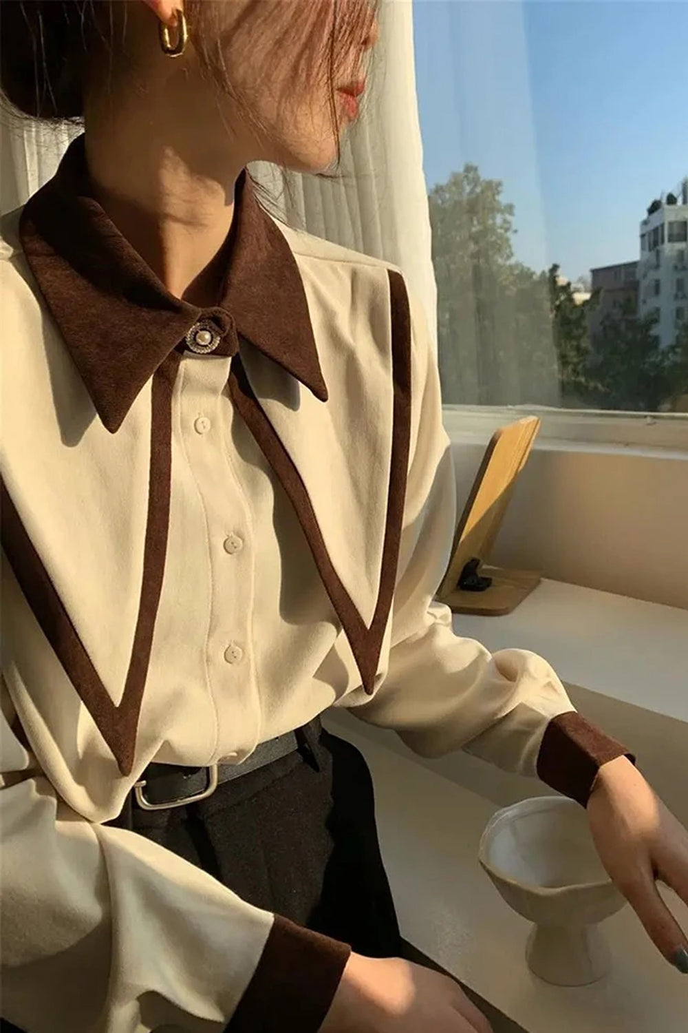 Long Sleeve Vintage Turn Down Collar Office Blouse Shirts