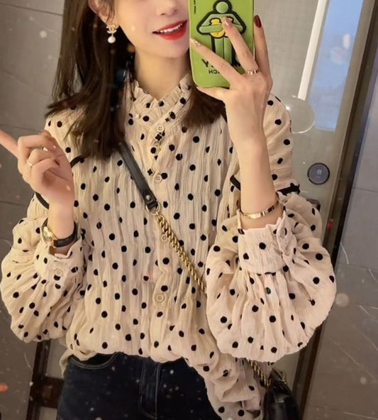 Retro Polka Dot Pattern Fold Blouse Shirt