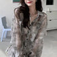 Grey Tie Dye Pattern Semi Transparent Blouse Shirt